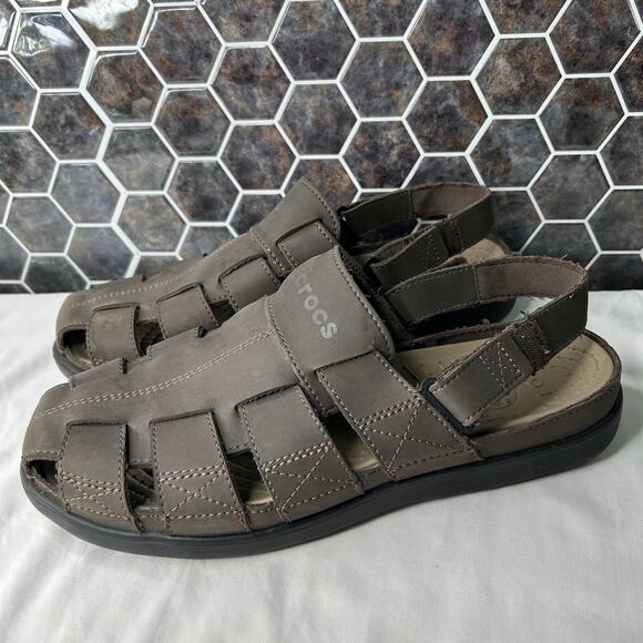 Crocs US Size 12 Fisherman Brown Leather Sandals Slip on Open Heel Casual - Picture 1 of 7